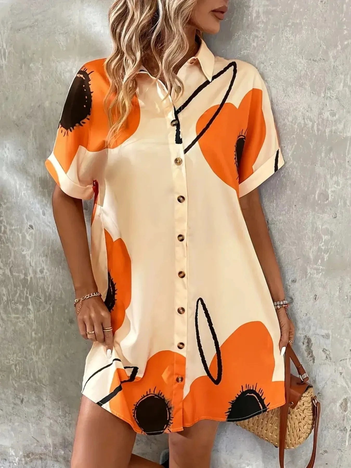 Printed Button - Front Shirt Dress - ShalayeFashion