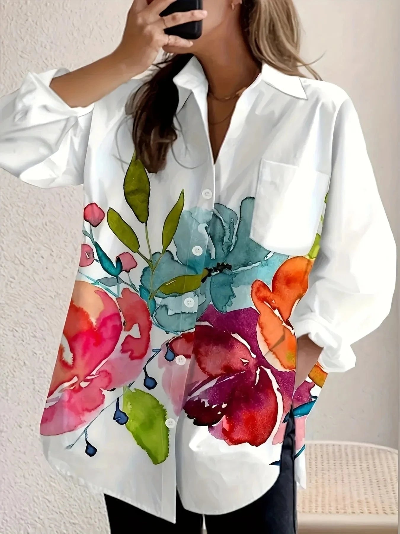 Printed Button Up Long Sleeve Shirt - ShalayeFashion