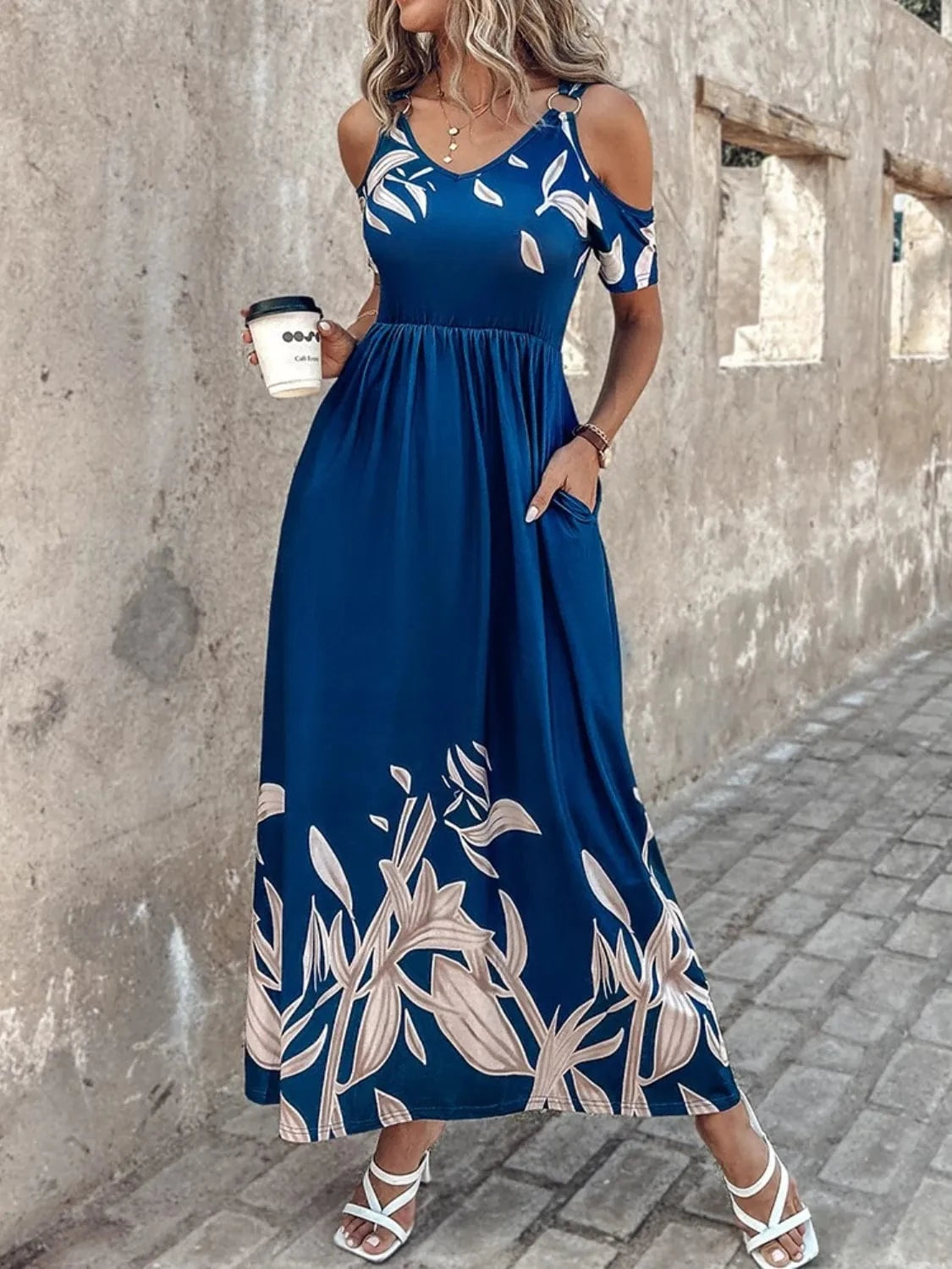 Printed Cold Shoulder Dress - ShalayeFashion