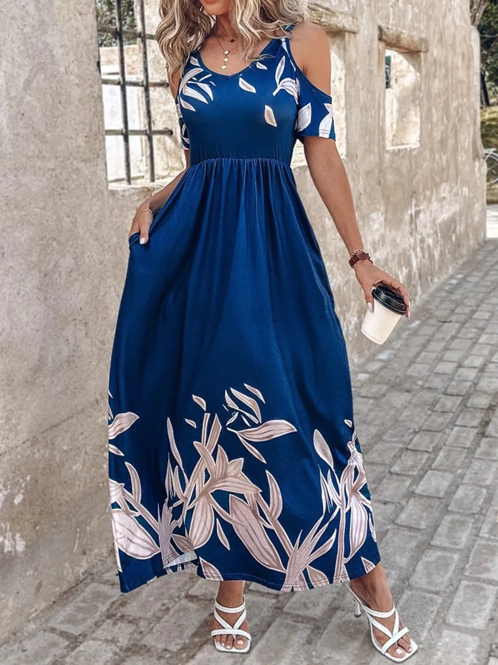 Printed Cold Shoulder Dress - ShalayeFashion