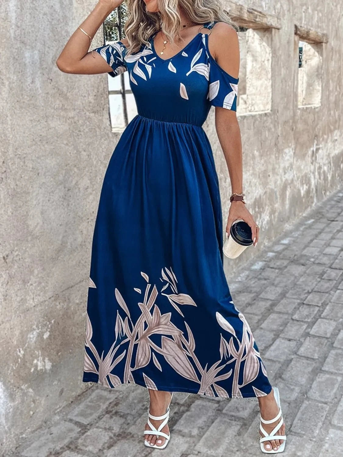 Printed Cold Shoulder Dress - ShalayeFashion