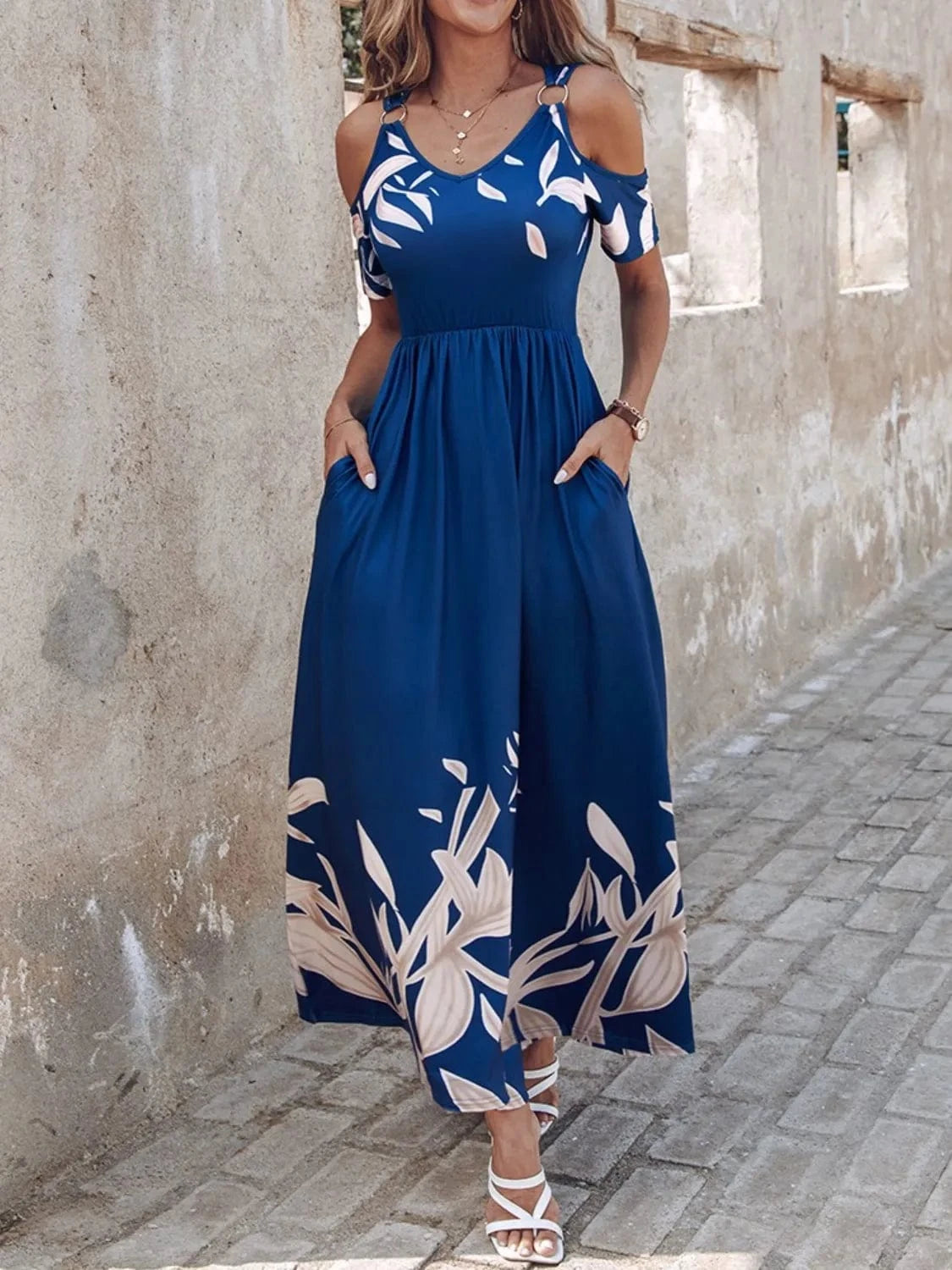 Printed Cold Shoulder Dress - ShalayeFashion
