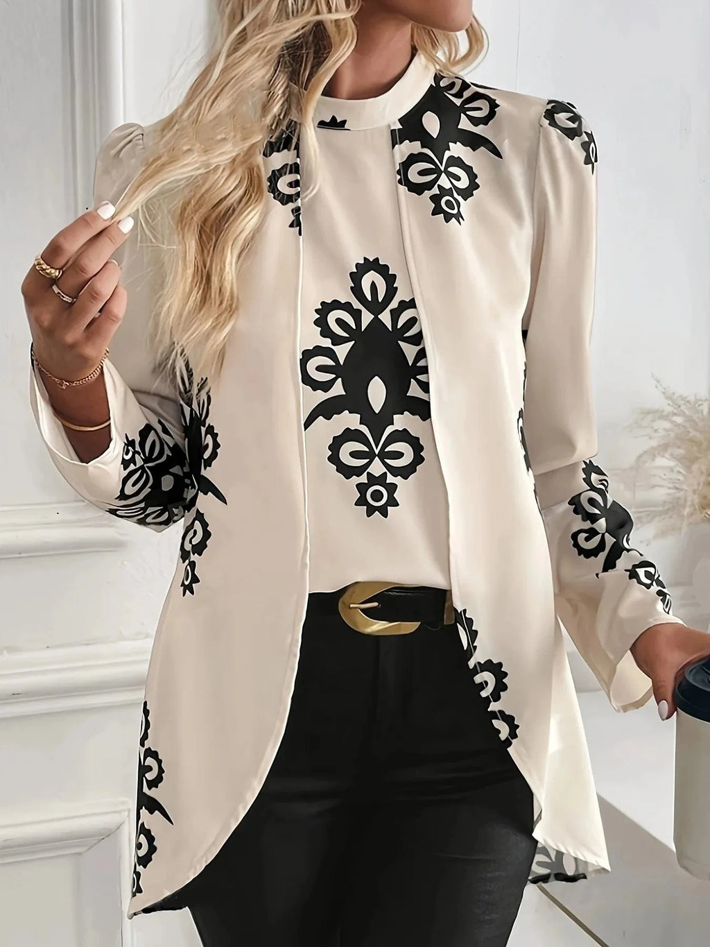 Printed Long Sleeve Oversize Blouse - ShalayeFashion