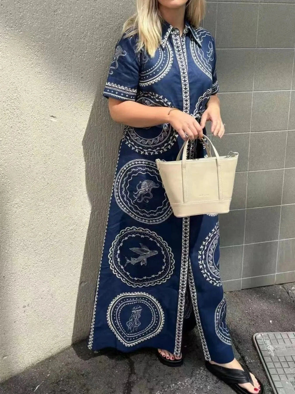Printed Maxi Shirt Dress with Belt - ShalayeFashion