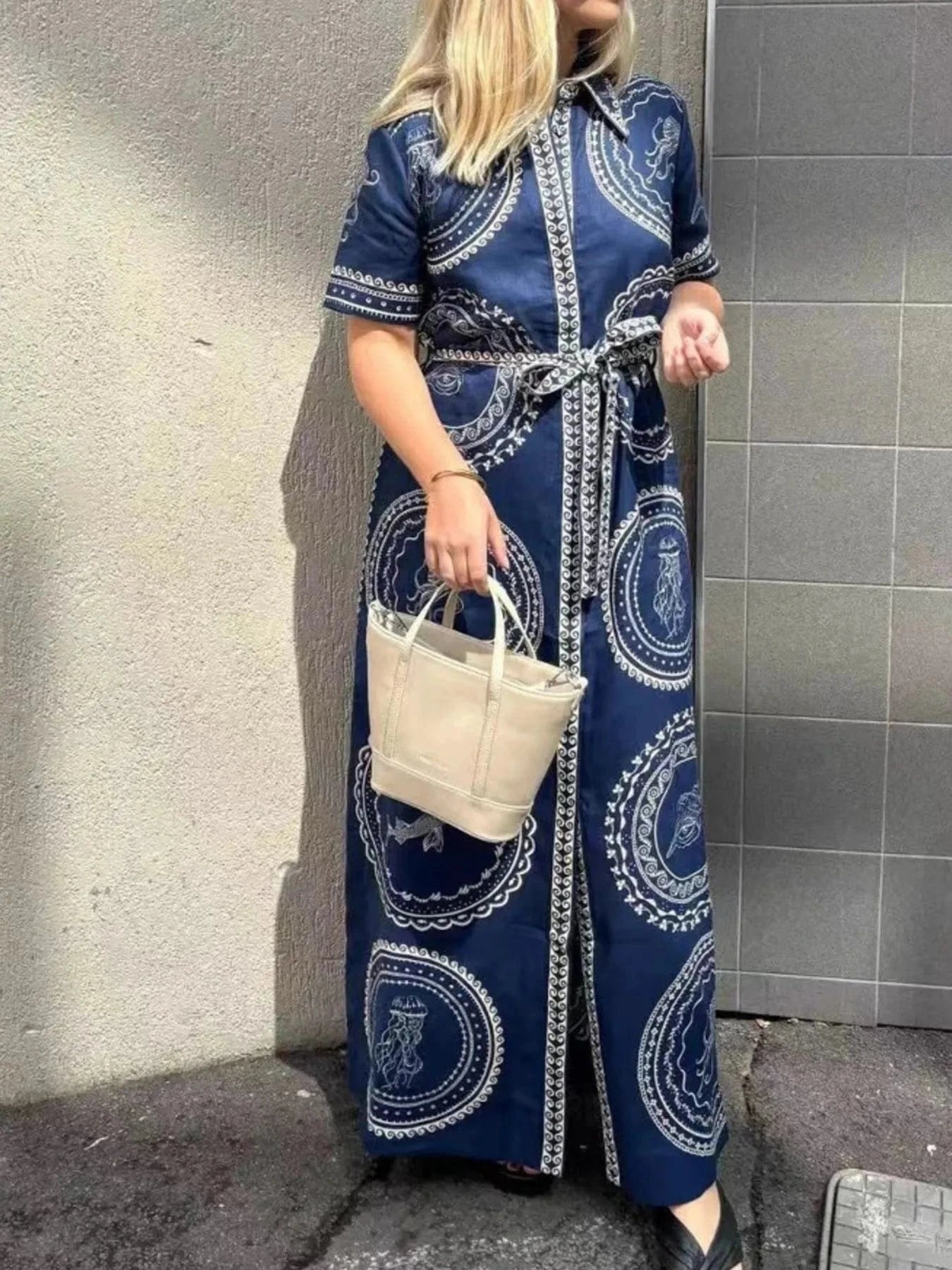 Printed Maxi Shirt Dress with Belt - ShalayeFashion