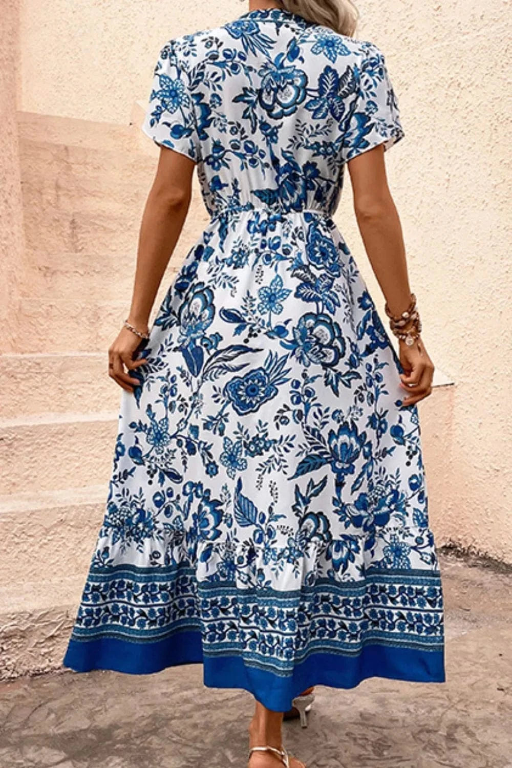 Printed Notched Short Sleeve Dress - ShalayeFashion
