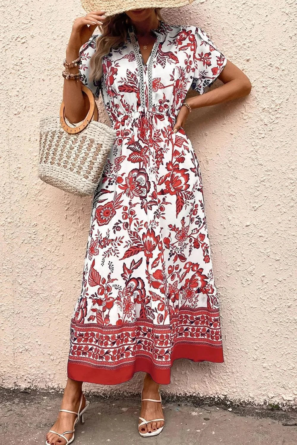 Printed Notched Short Sleeve Dress - ShalayeFashion