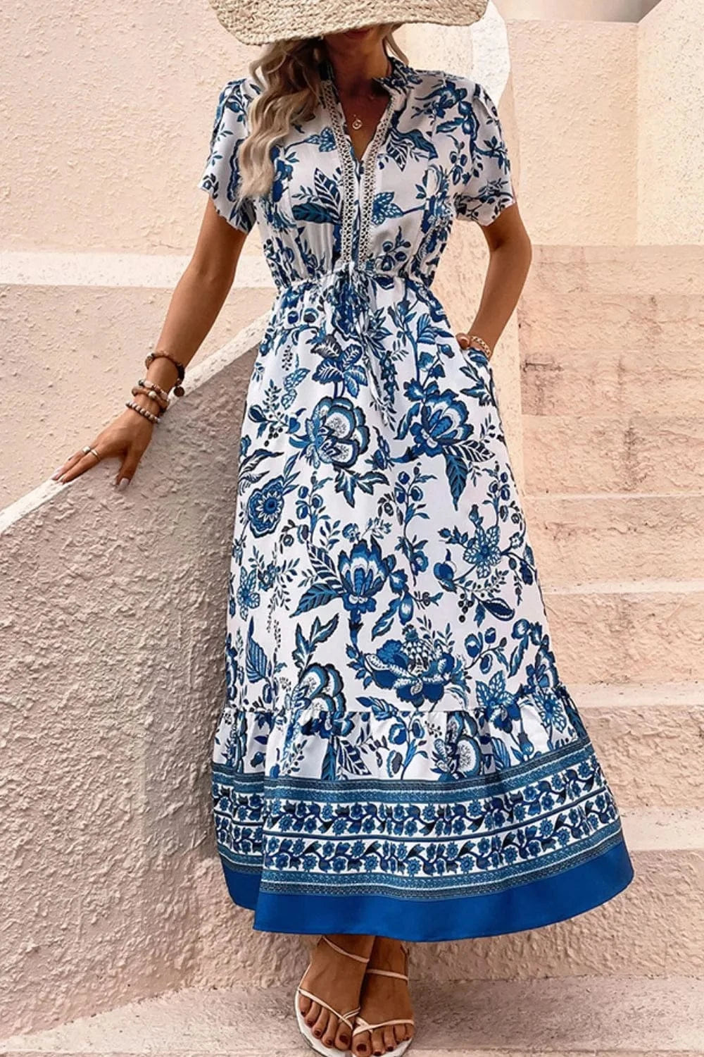 Printed Notched Short Sleeve Dress - ShalayeFashion