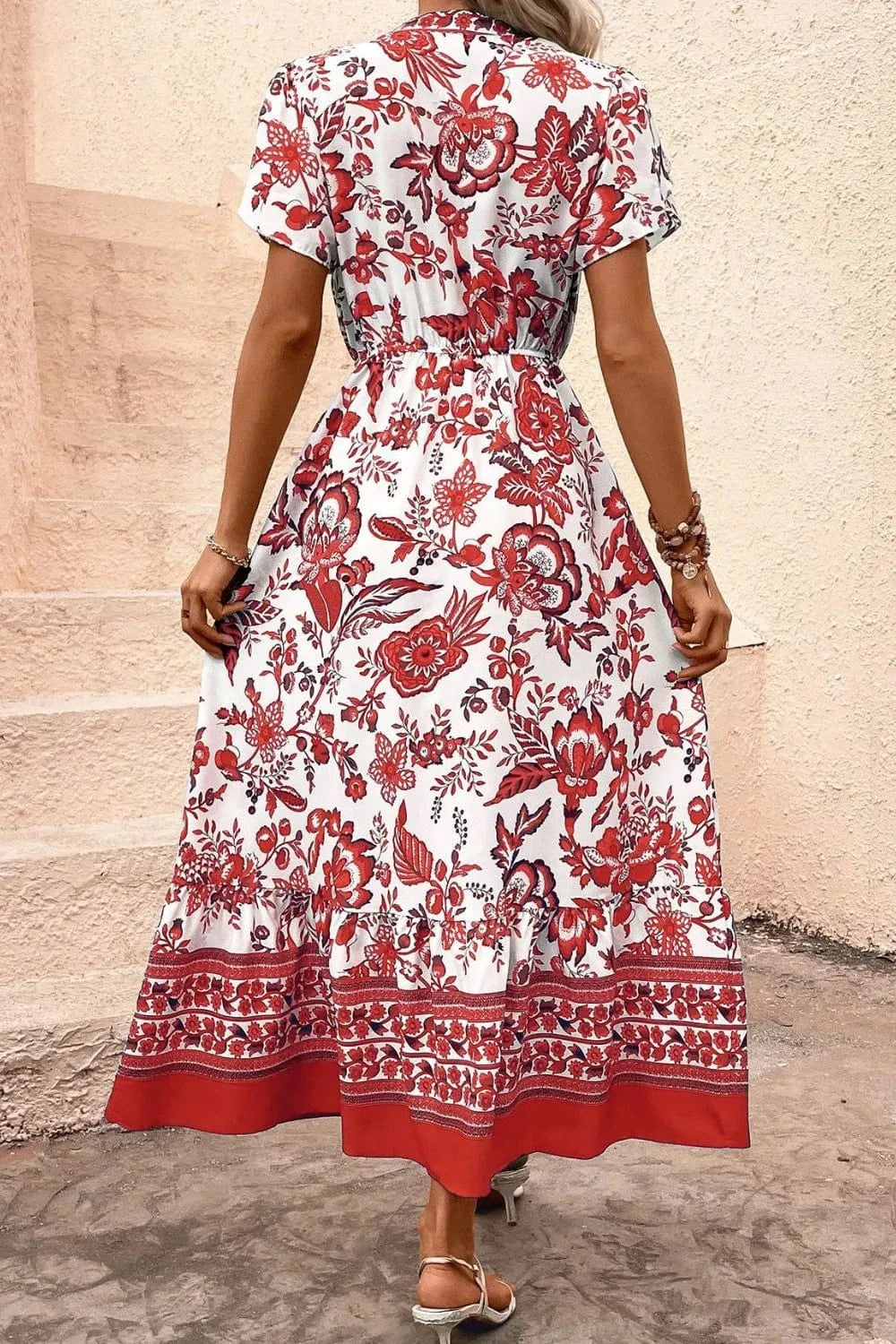 Printed Notched Short Sleeve Dress - ShalayeFashion