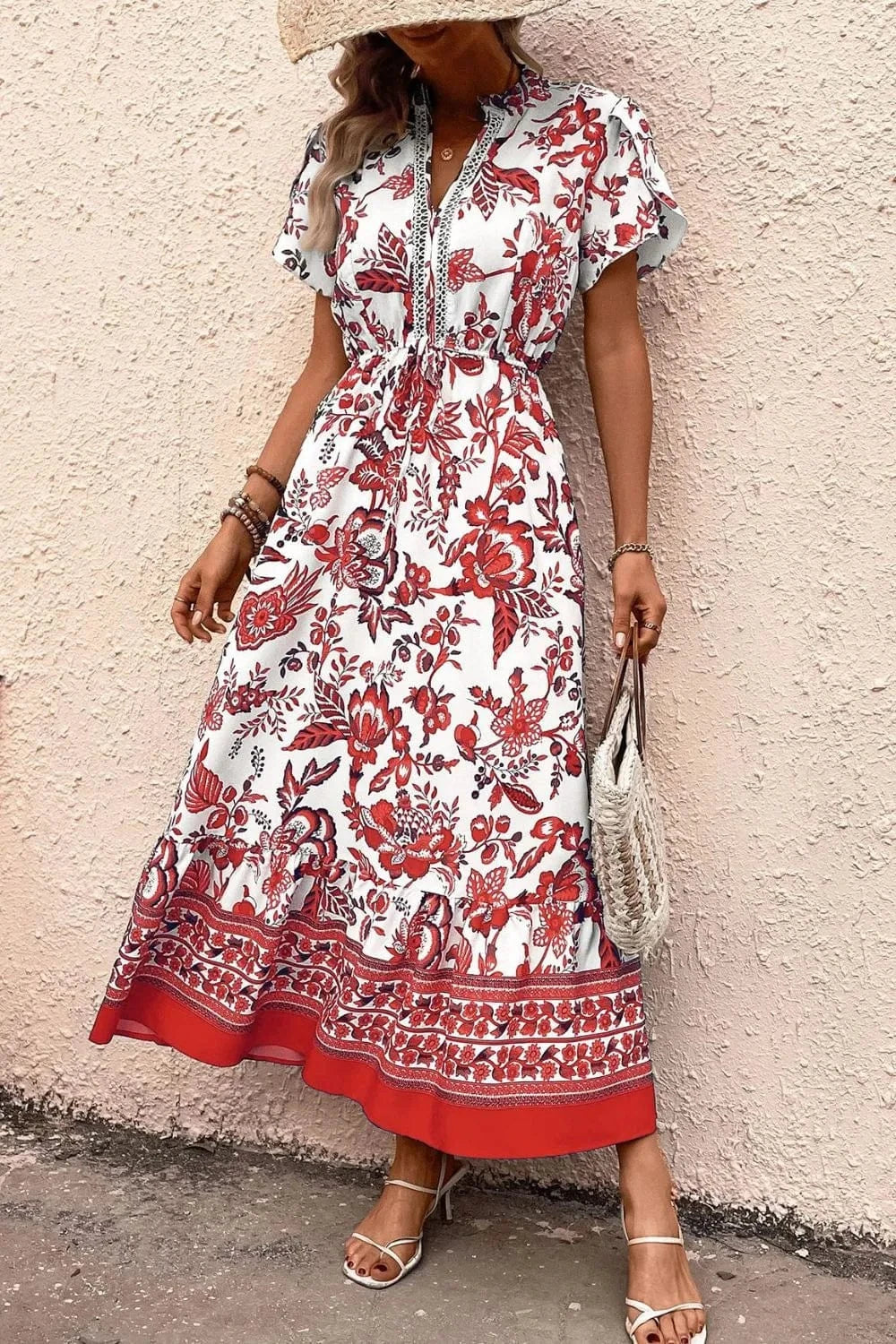 Printed Notched Short Sleeve Dress - ShalayeFashion
