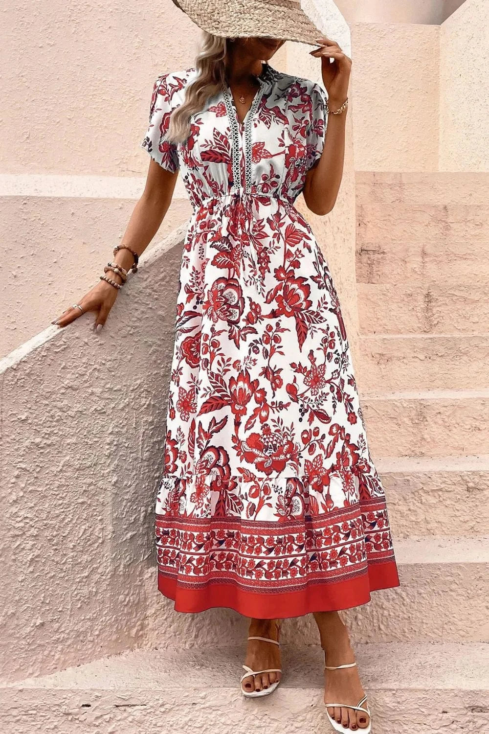 Printed Notched Short Sleeve Dress - ShalayeFashion