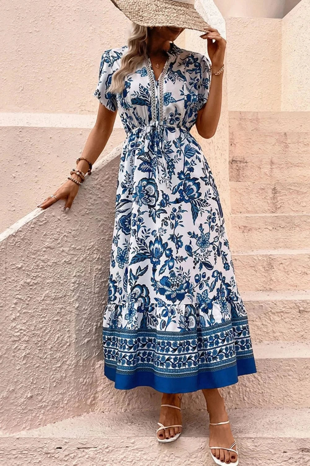 Printed Notched Short Sleeve Dress - ShalayeFashion