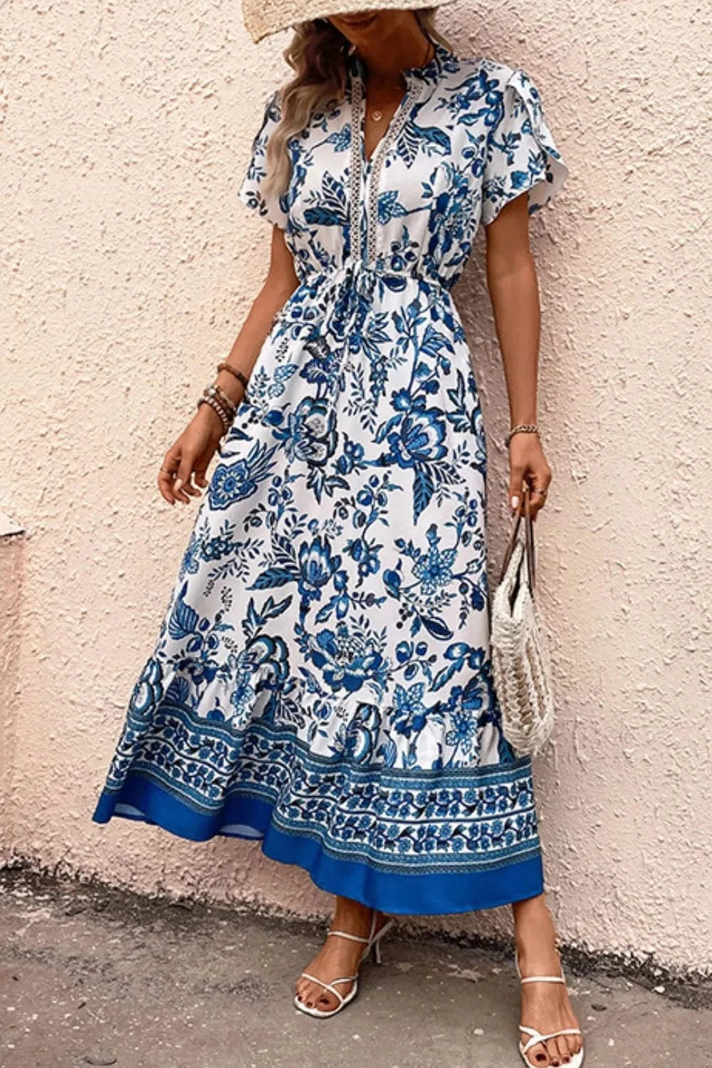 Printed Notched Short Sleeve Dress - ShalayeFashion