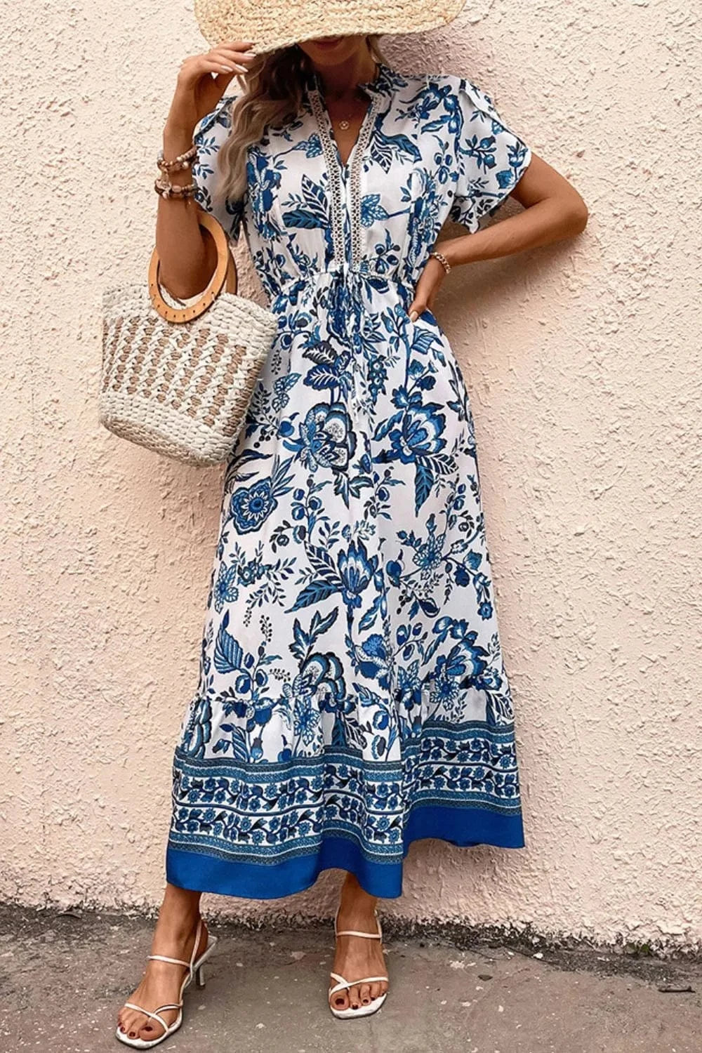 Printed Notched Short Sleeve Dress - ShalayeFashion