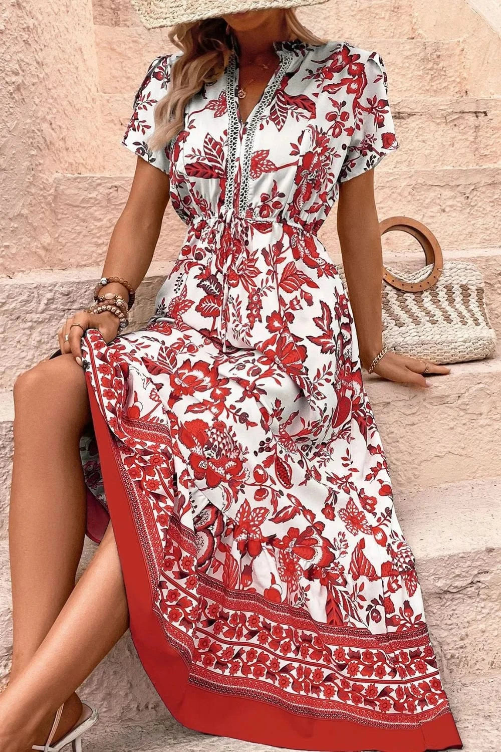 Printed Notched Short Sleeve Dress - ShalayeFashion
