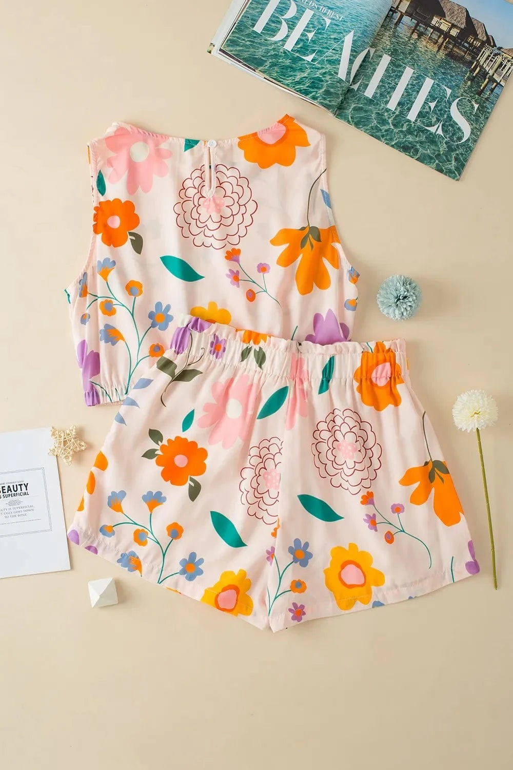 Printed Round Neck Sleeveless Top and Shorts Set - ShalayeFashion