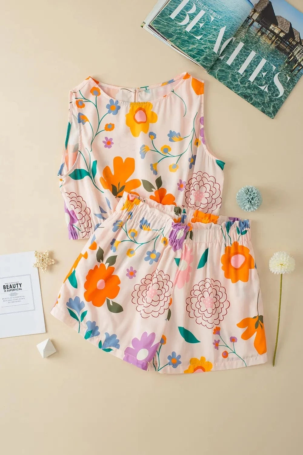 Printed Round Neck Sleeveless Top and Shorts Set - ShalayeFashion