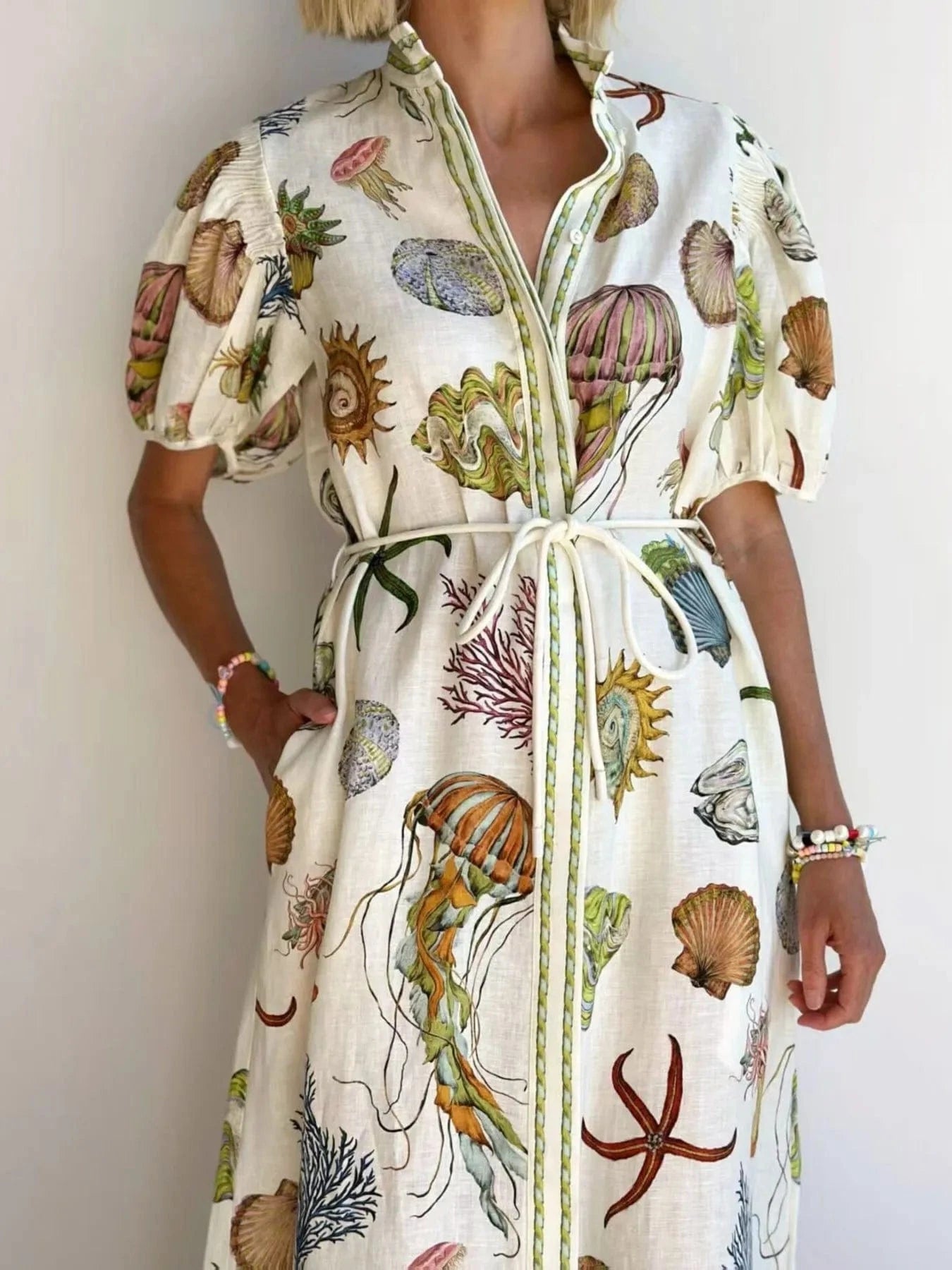Printed Short Sleeve Shirt Dress - ShalayeFashion