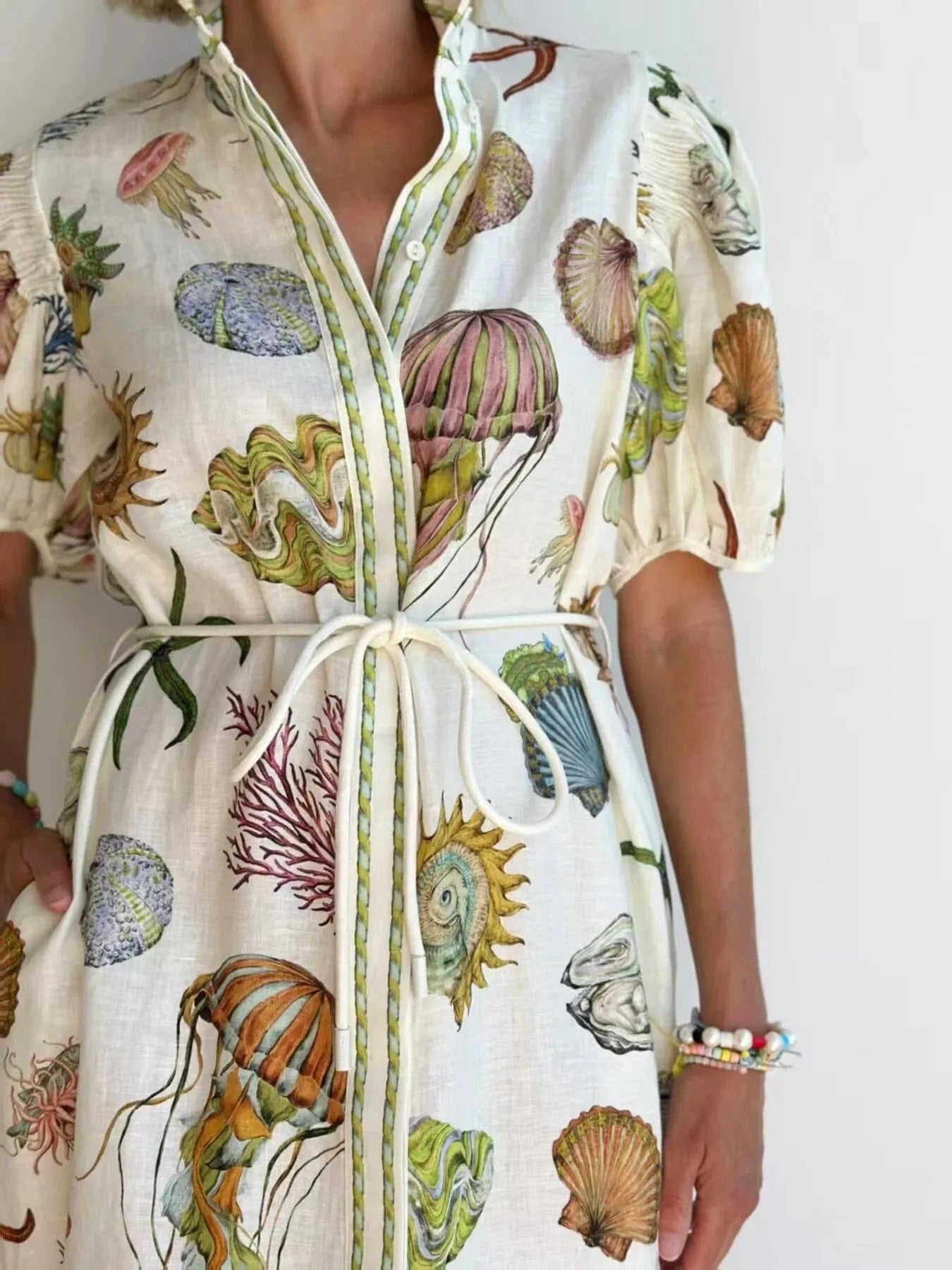 Printed Short Sleeve Shirt Dress - ShalayeFashion