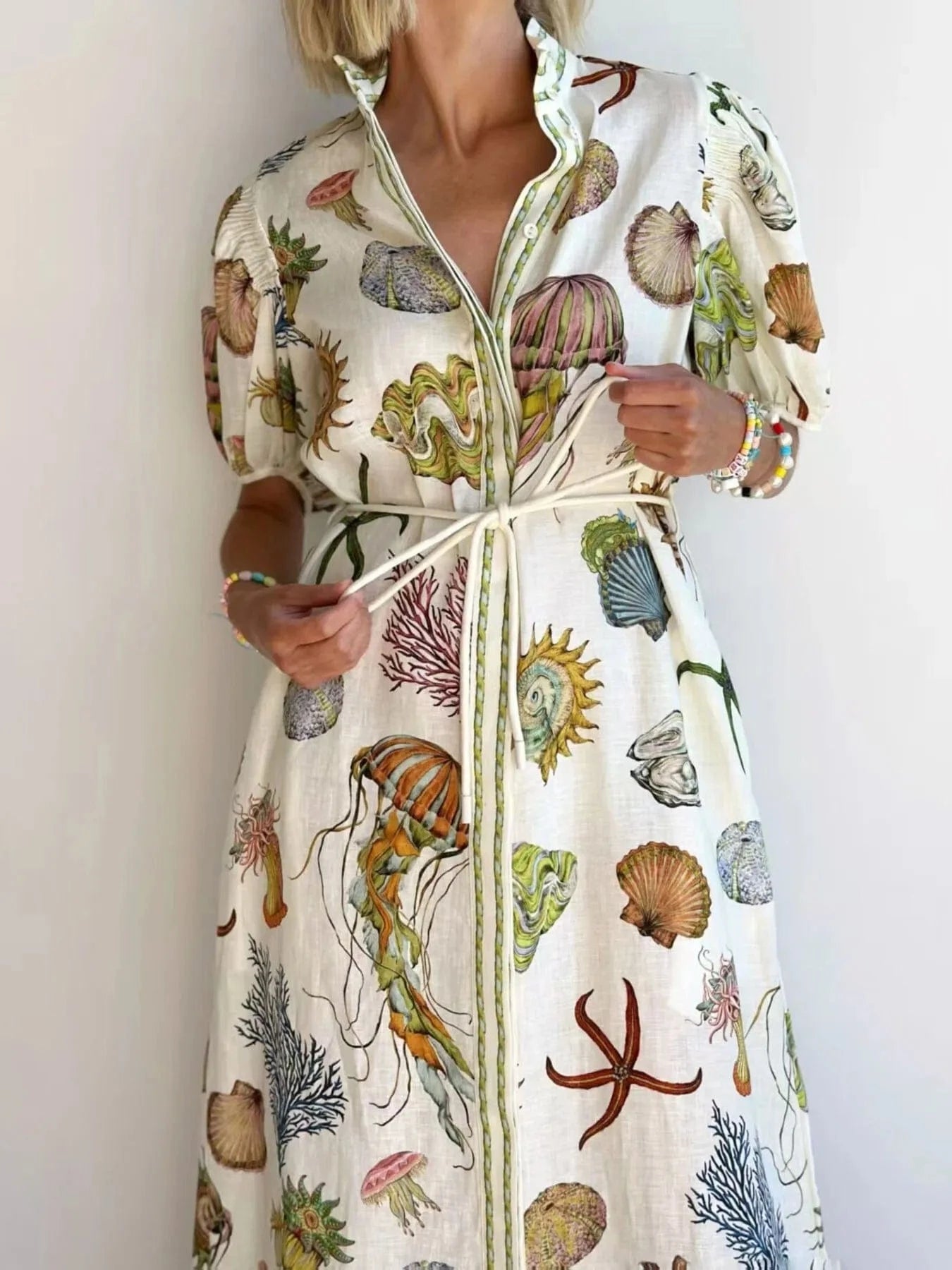 Printed Short Sleeve Shirt Dress - ShalayeFashion