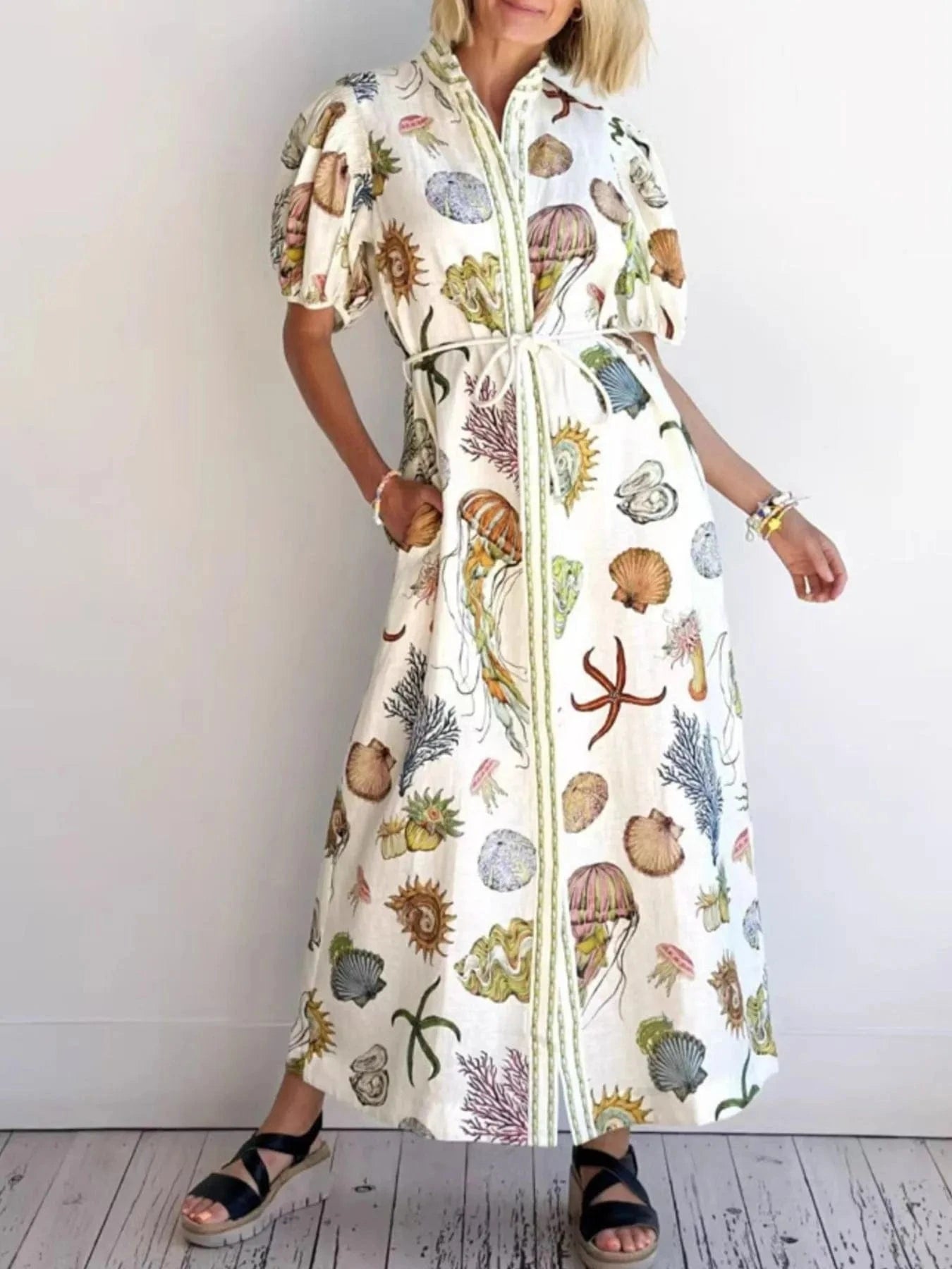 Printed Short Sleeve Shirt Dress - ShalayeFashion