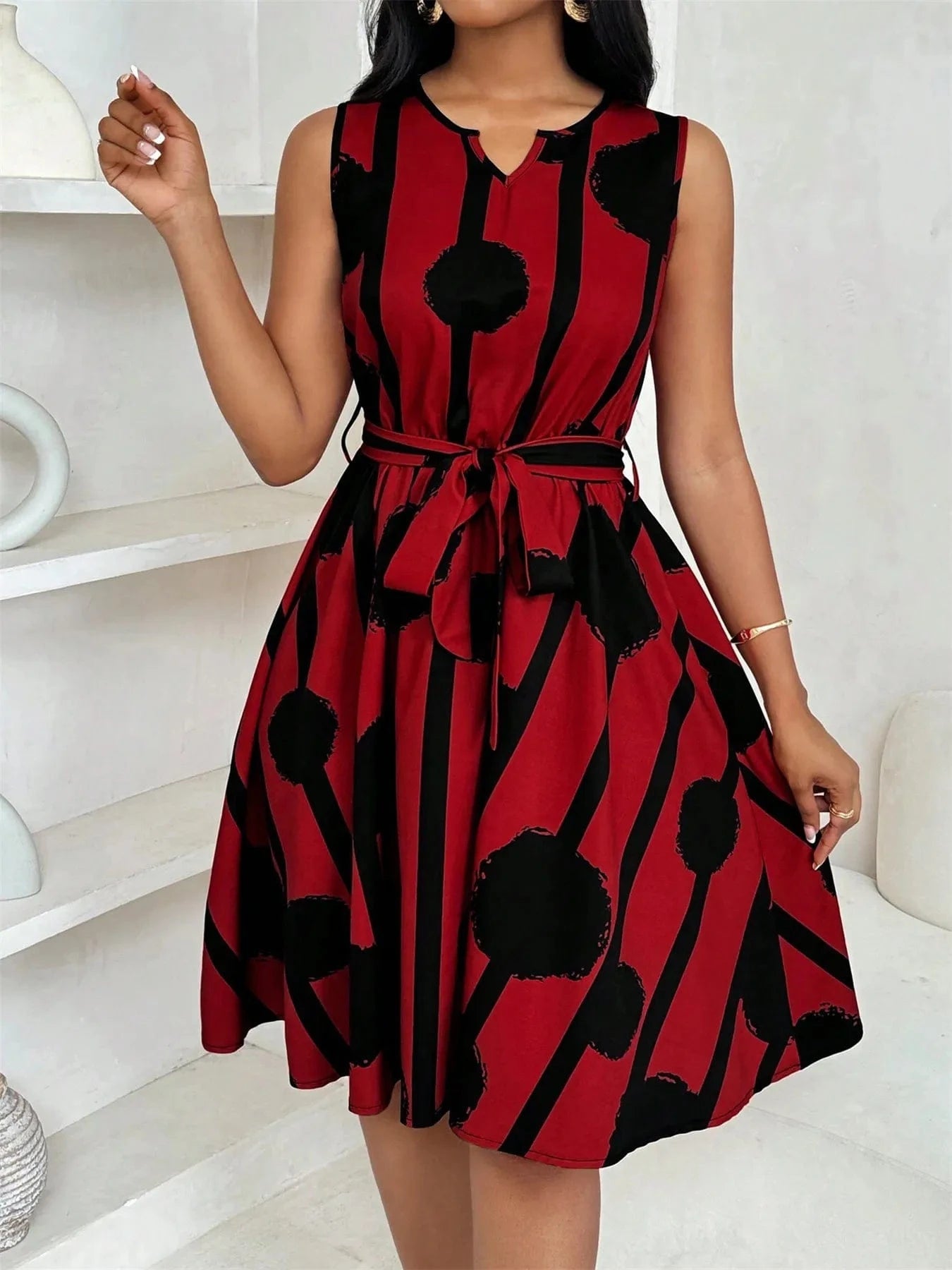 Printed Sleeveless A - Line Dress - ShalayeFashion