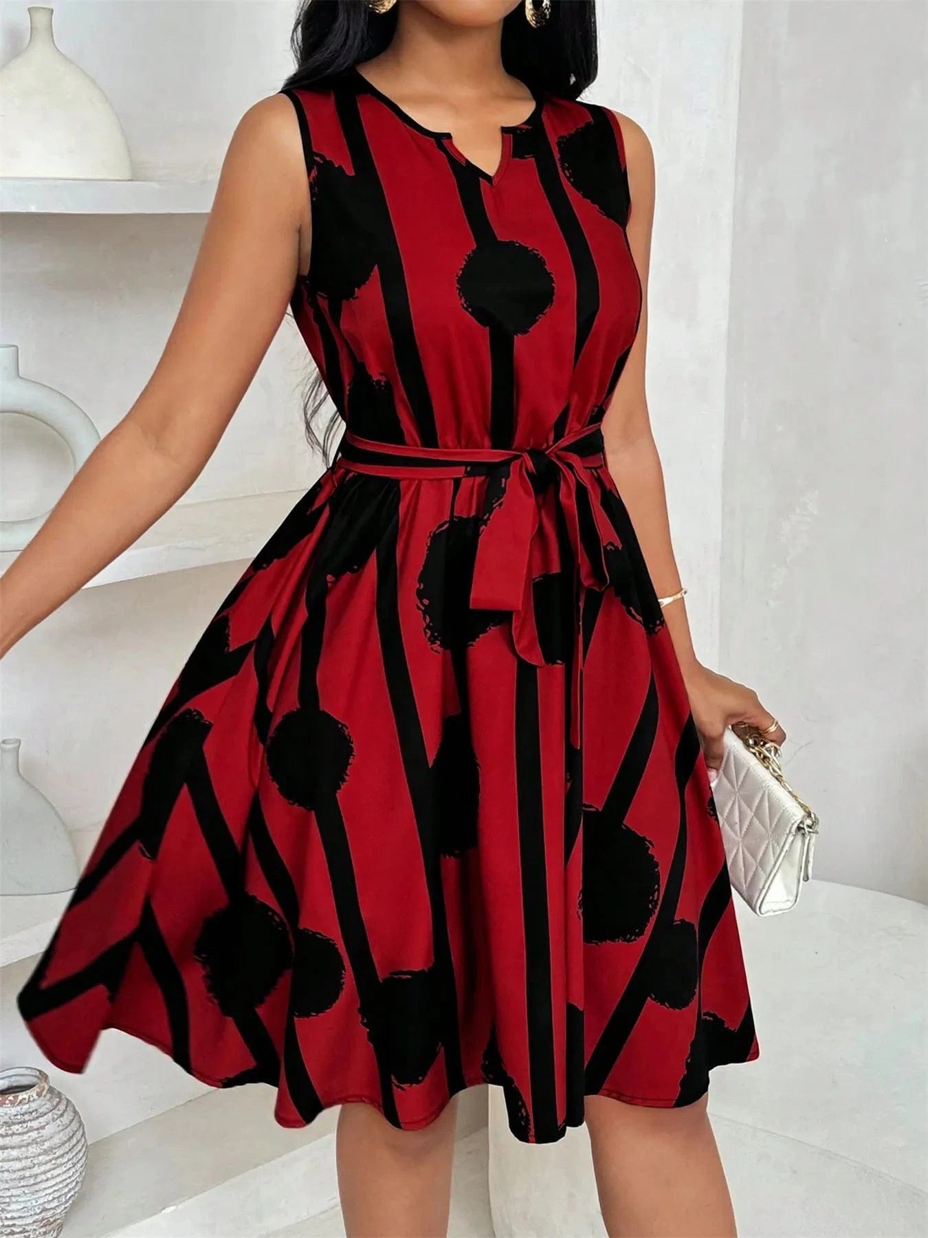 Printed Sleeveless A - Line Dress - ShalayeFashion