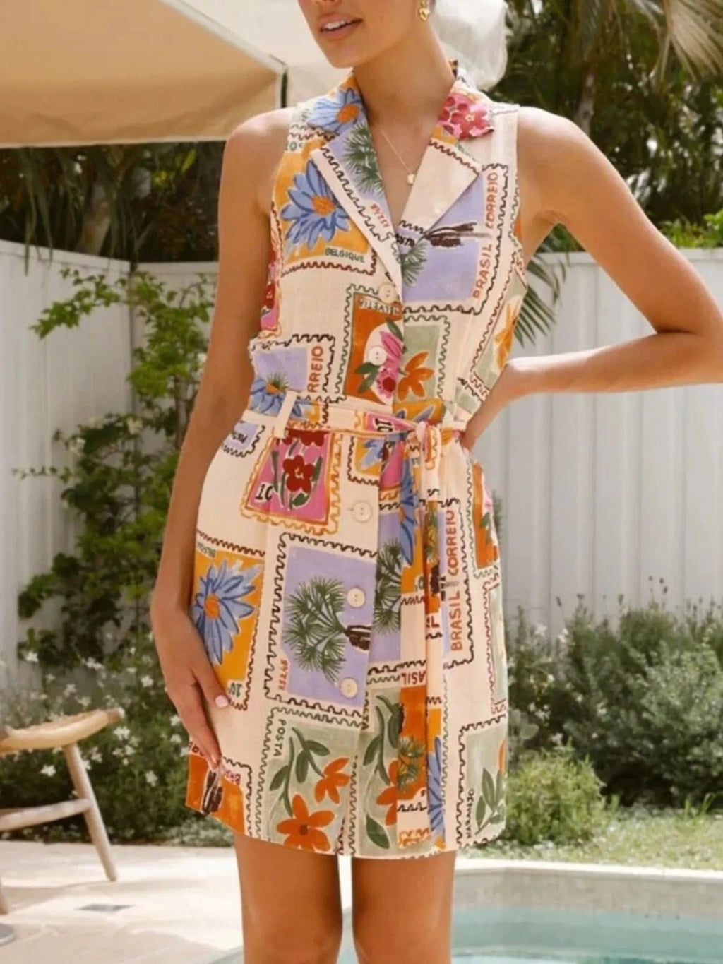 Printed Sleeveless Tie Waist Dress - ShalayeFashion