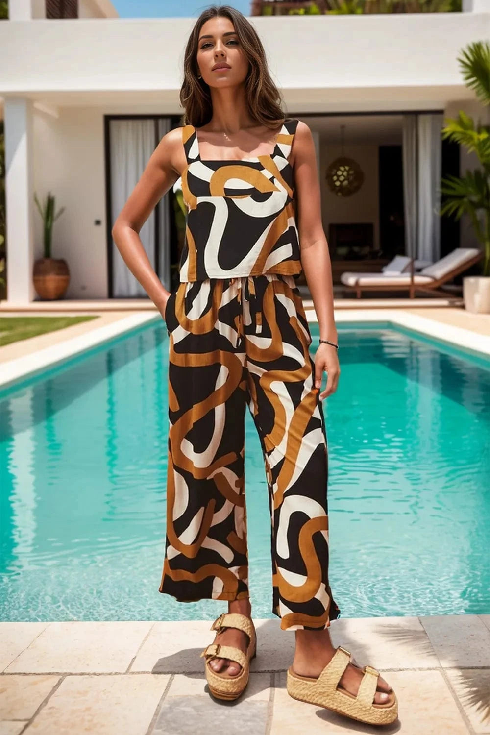 Printed Square Neck Top and Pants Set - ShalayeFashion