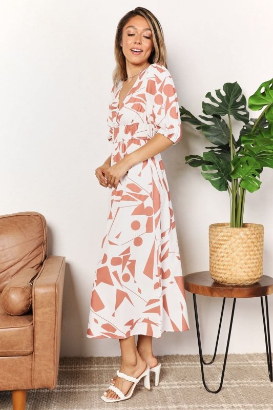 Printed Surplice Balloon Sleeve Dress - ShalayeFashion