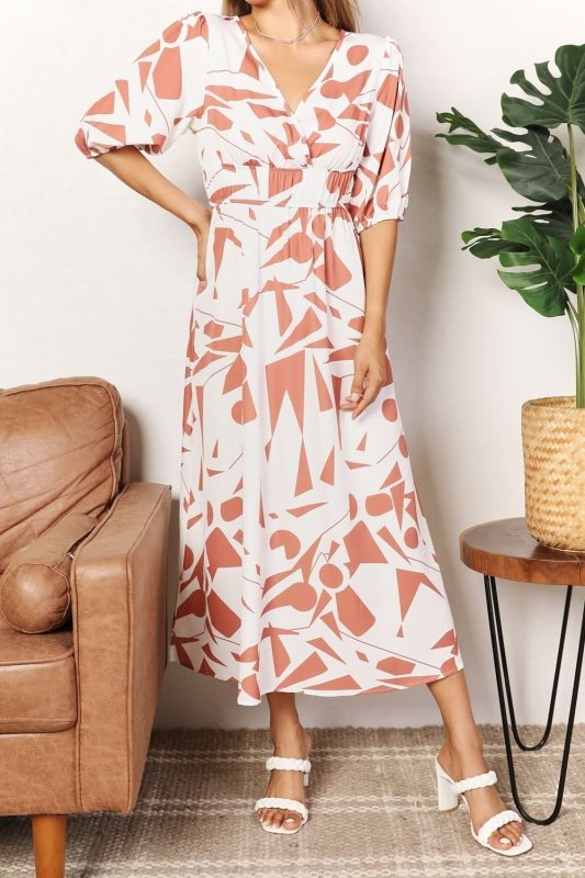 Printed Surplice Balloon Sleeve Dress - ShalayeFashion
