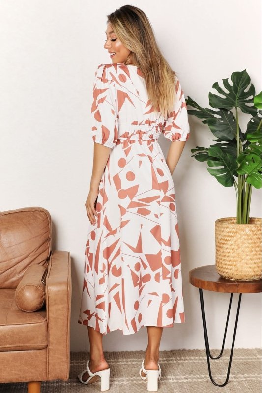 Printed Surplice Balloon Sleeve Dress - ShalayeFashion