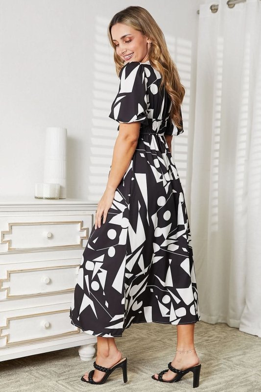 Printed Surplice Balloon Sleeve Dress - ShalayeFashion