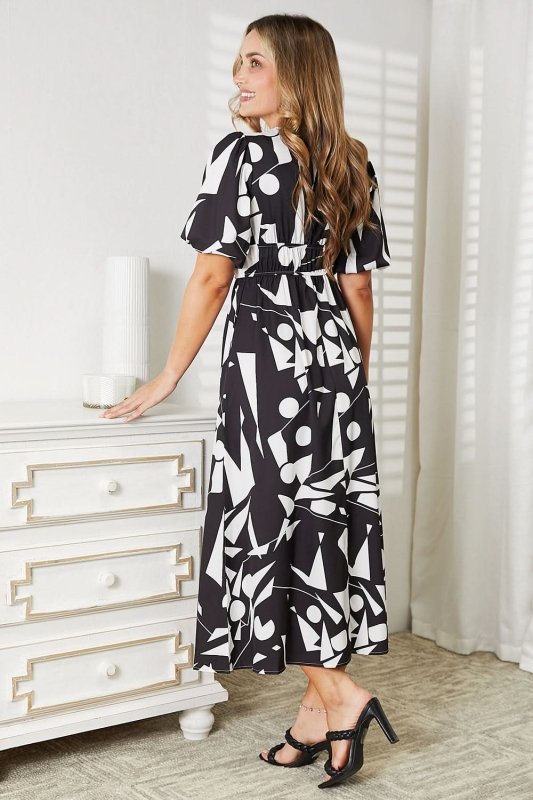 Printed Surplice Balloon Sleeve Dress - ShalayeFashion