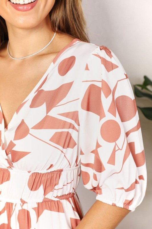 Printed Surplice Balloon Sleeve Dress - ShalayeFashion