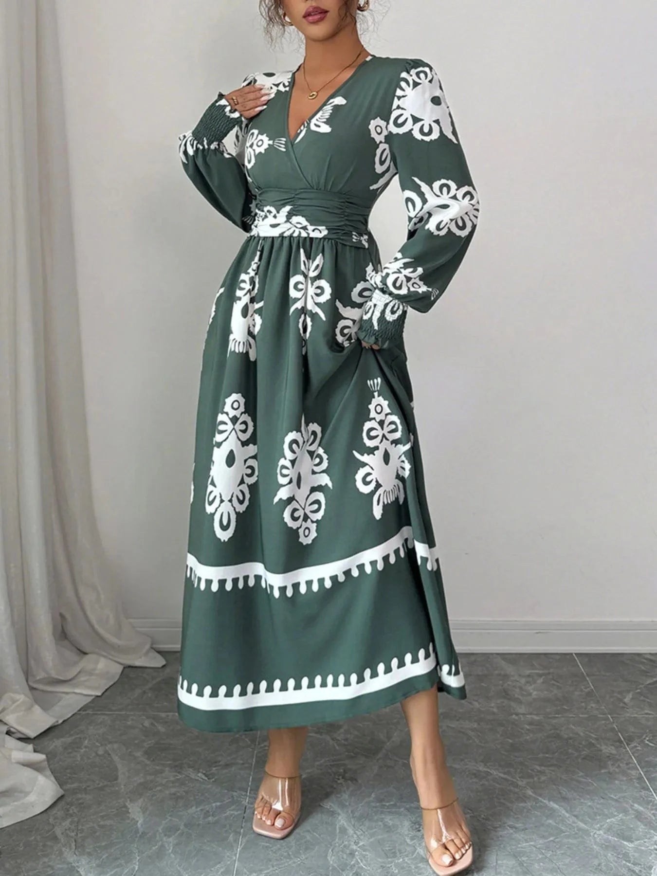 Printed Surplice Lantern Sleeve Dress - ShalayeFashion