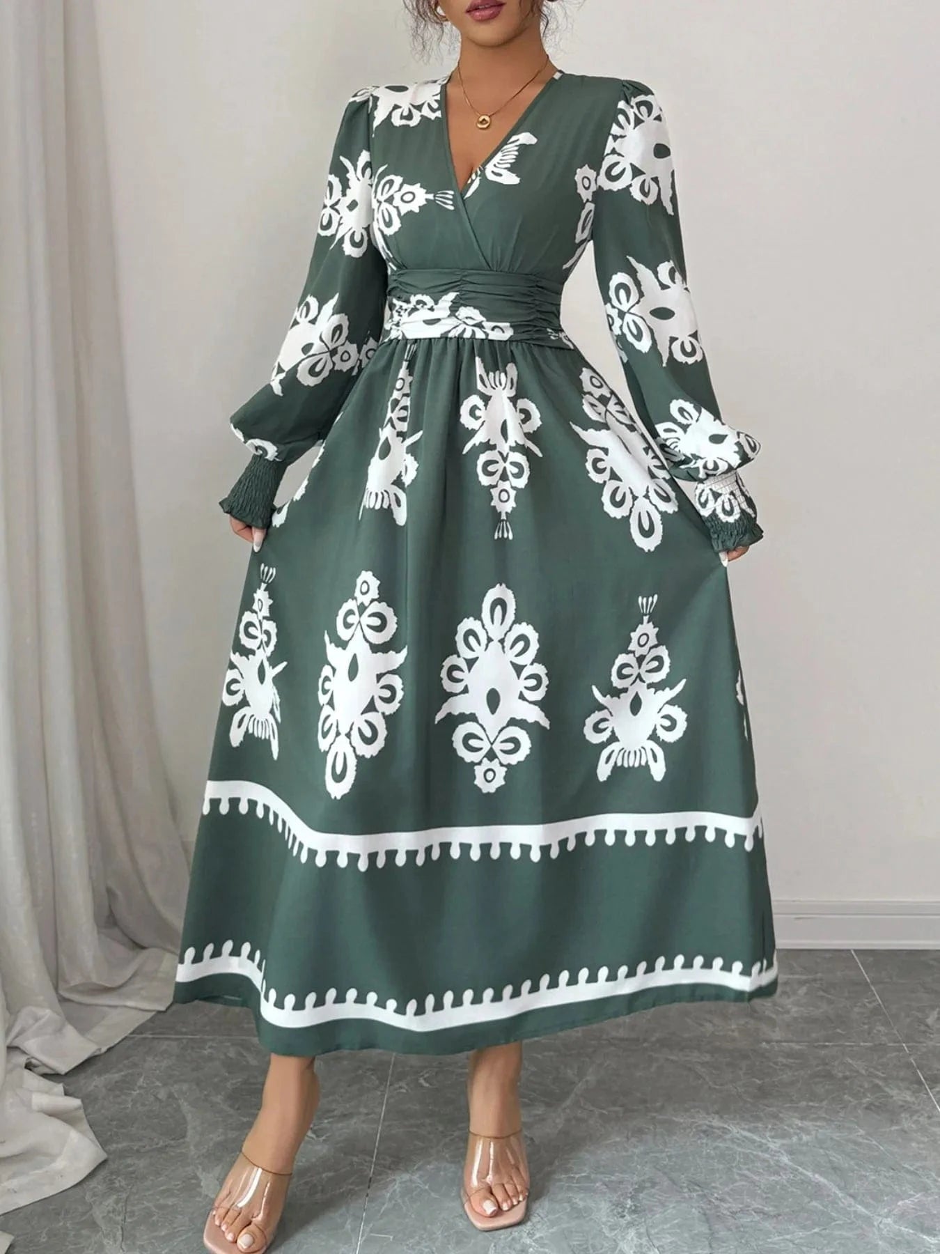 Printed Surplice Lantern Sleeve Dress - ShalayeFashion