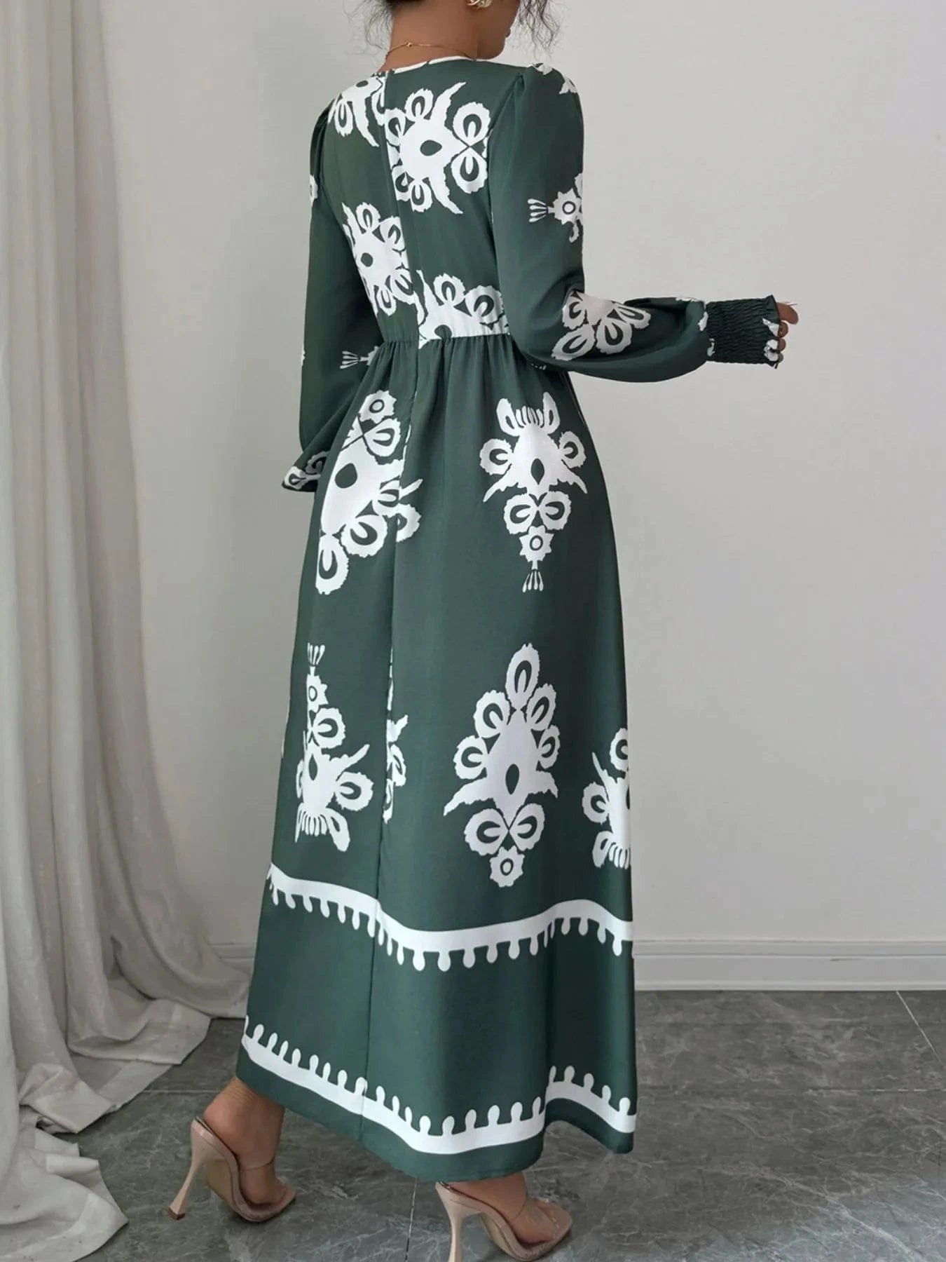 Printed Surplice Lantern Sleeve Dress - ShalayeFashion