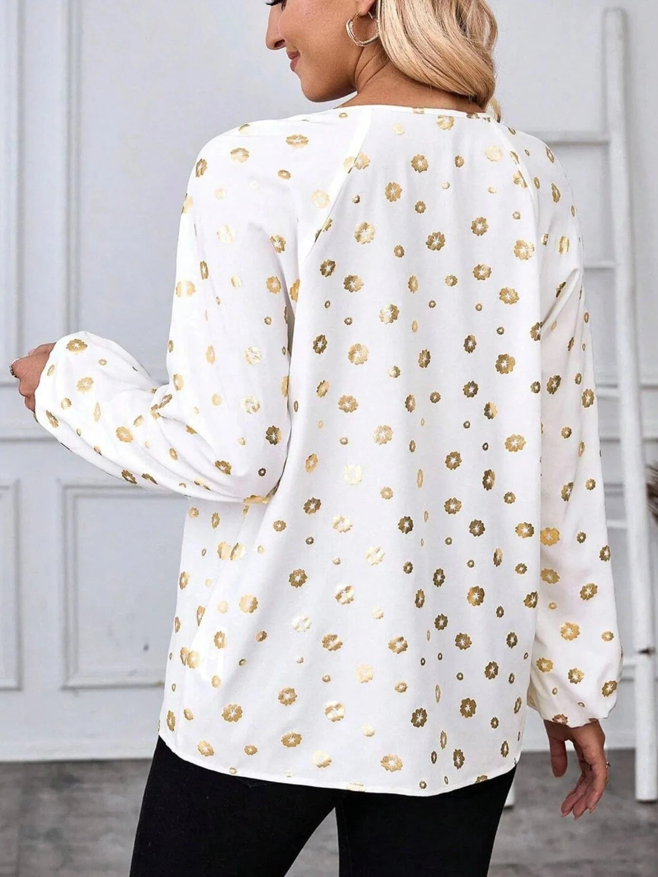 Printed Tie Neck Long Sleeve Blouse - ShalayeFashion