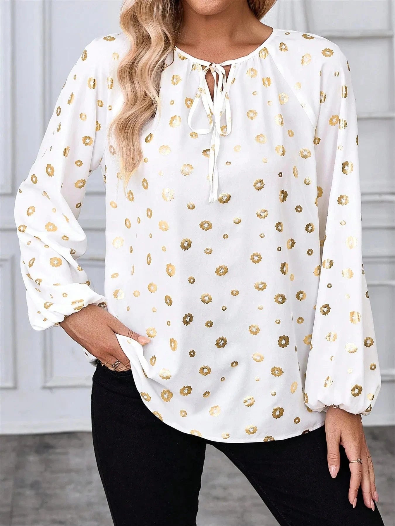 Printed Tie Neck Long Sleeve Blouse - ShalayeFashion