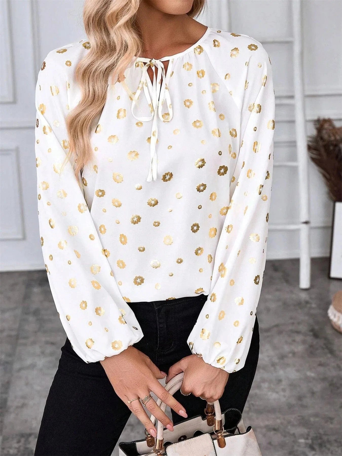 Printed Tie Neck Long Sleeve Blouse - ShalayeFashion