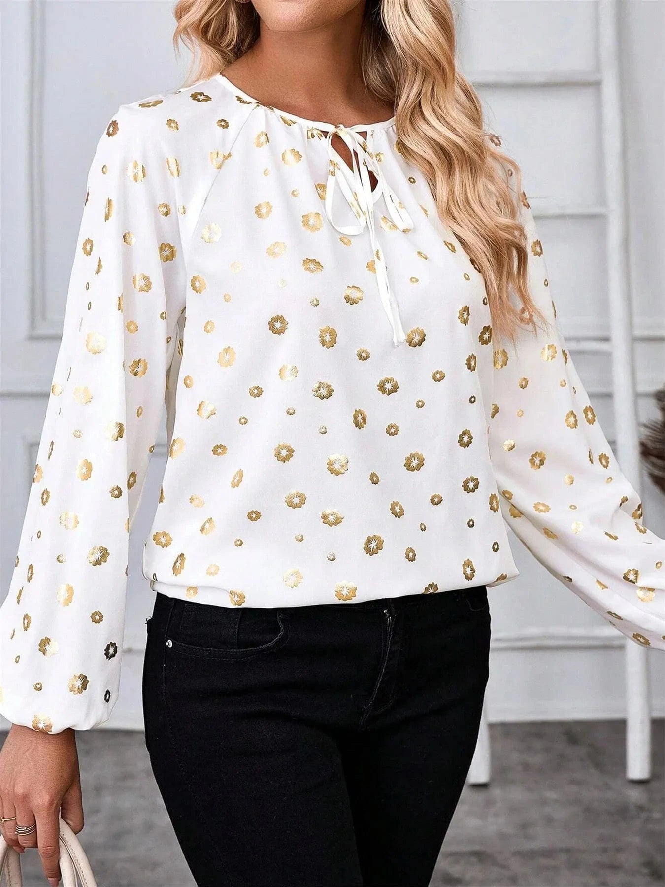 Printed Tie Neck Long Sleeve Blouse - ShalayeFashion