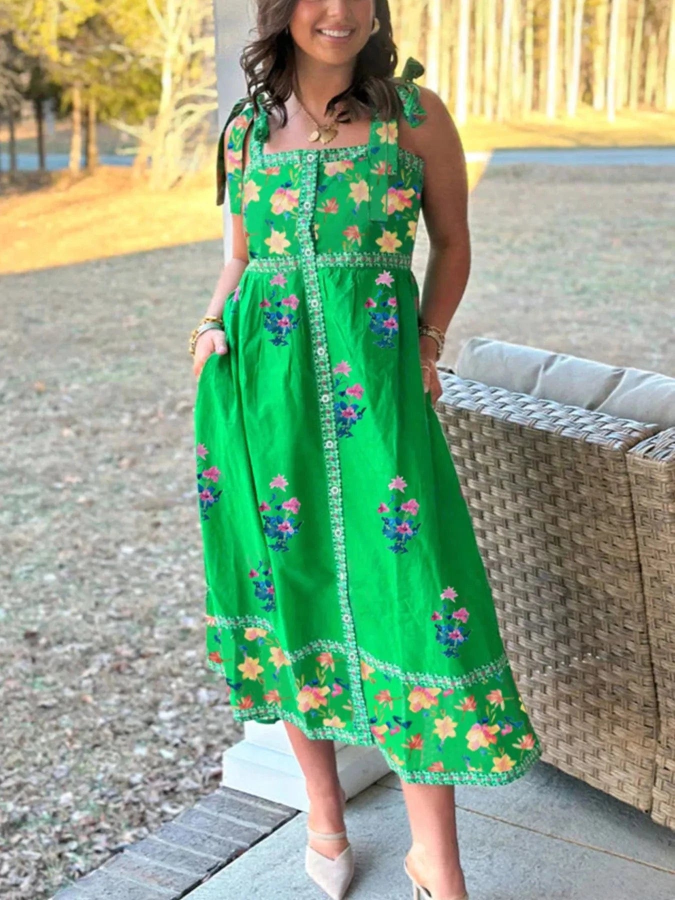 Printed Tie Shoulder Midi Dress - ShalayeFashion