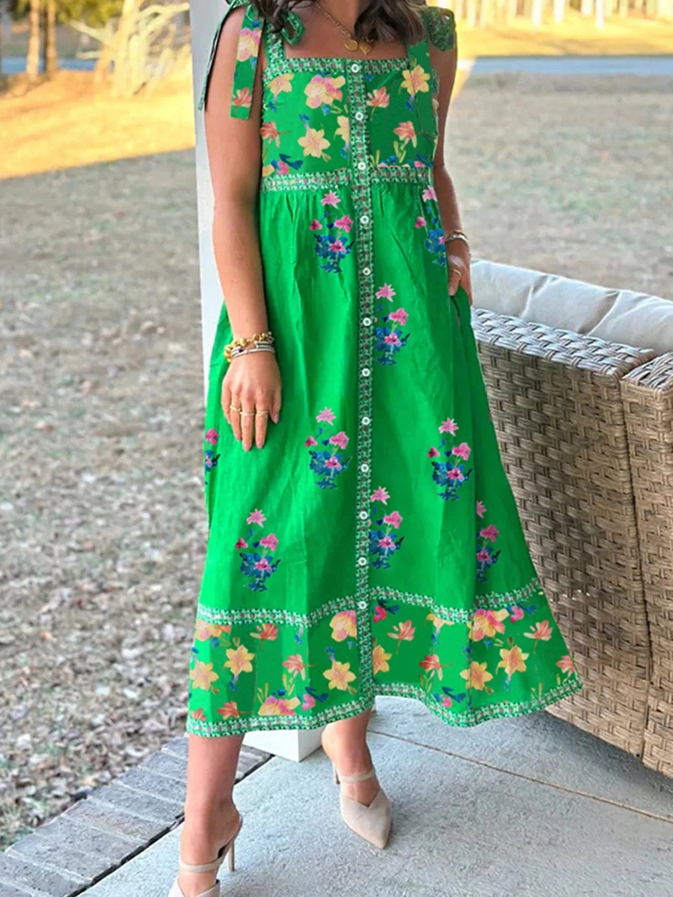 Printed Tie Shoulder Midi Dress - ShalayeFashion