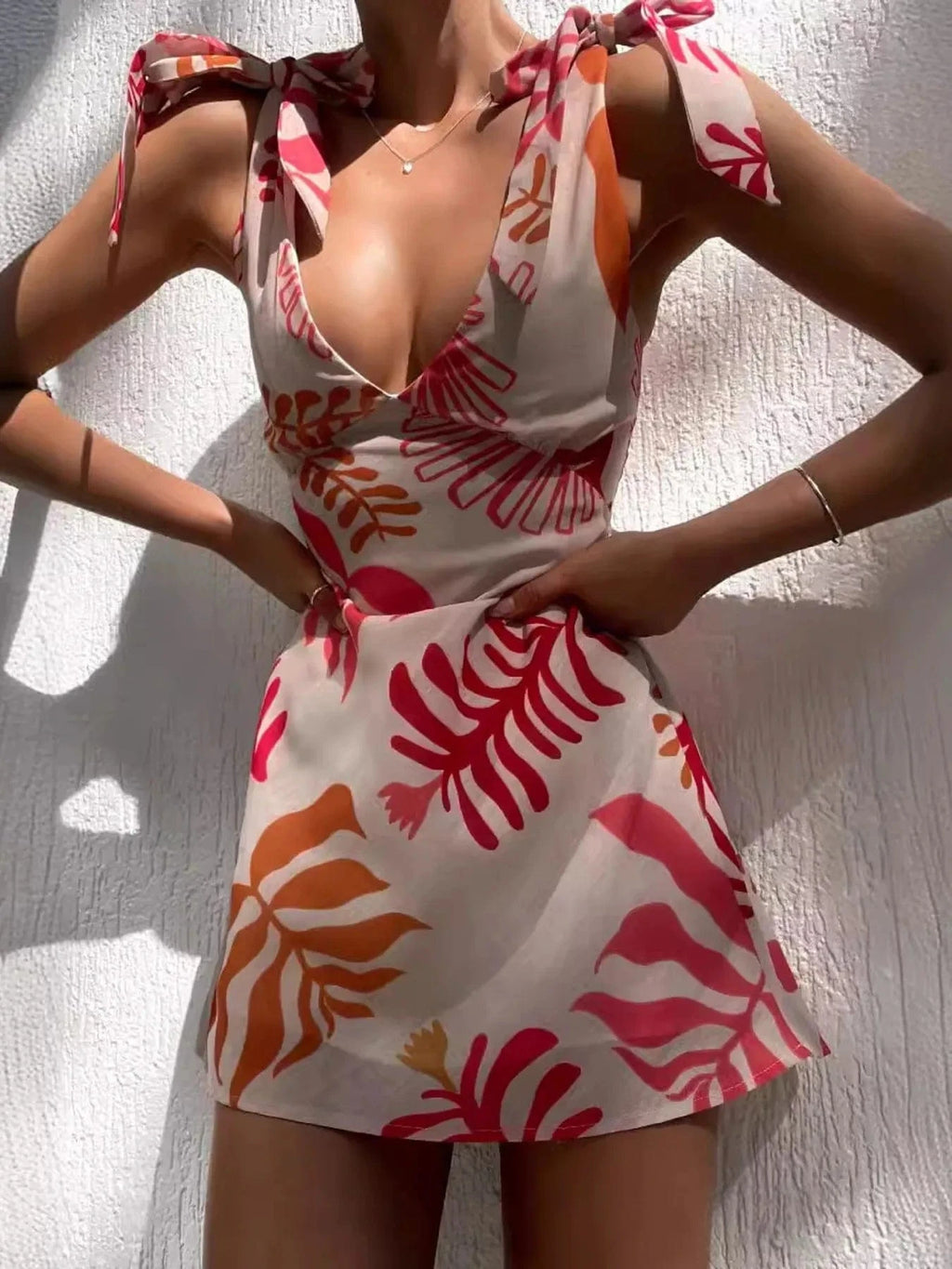 Printed Tie - Shoulder Mini Dress - ShalayeFashion