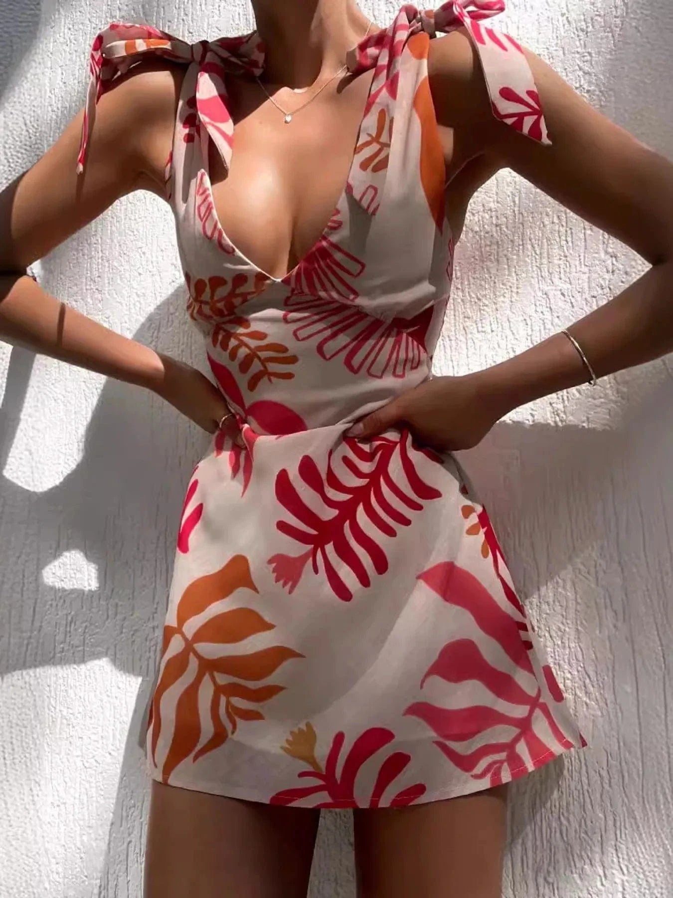 Printed Tie - Shoulder Mini Dress - ShalayeFashion
