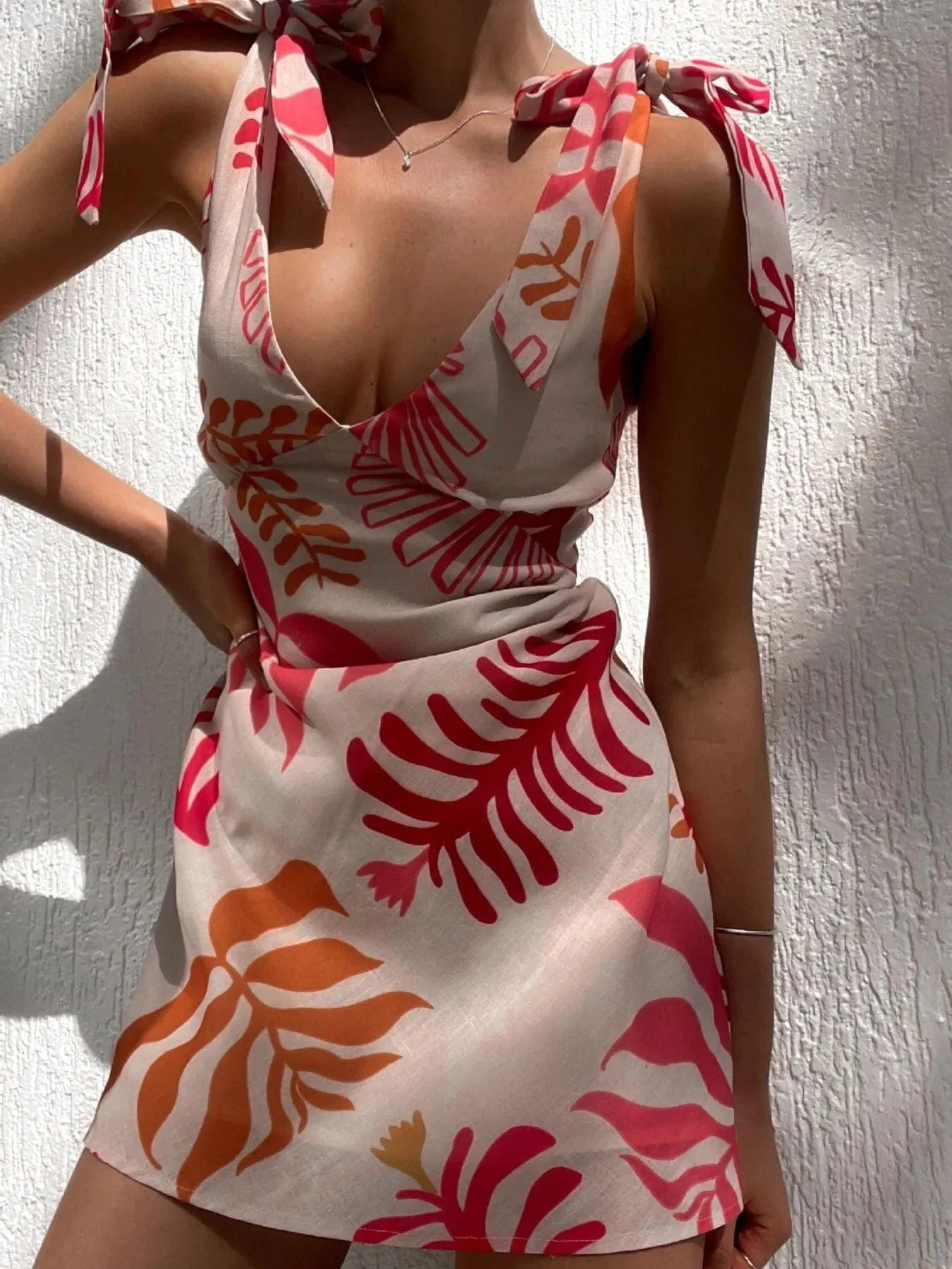 Printed Tie - Shoulder Mini Dress - ShalayeFashion