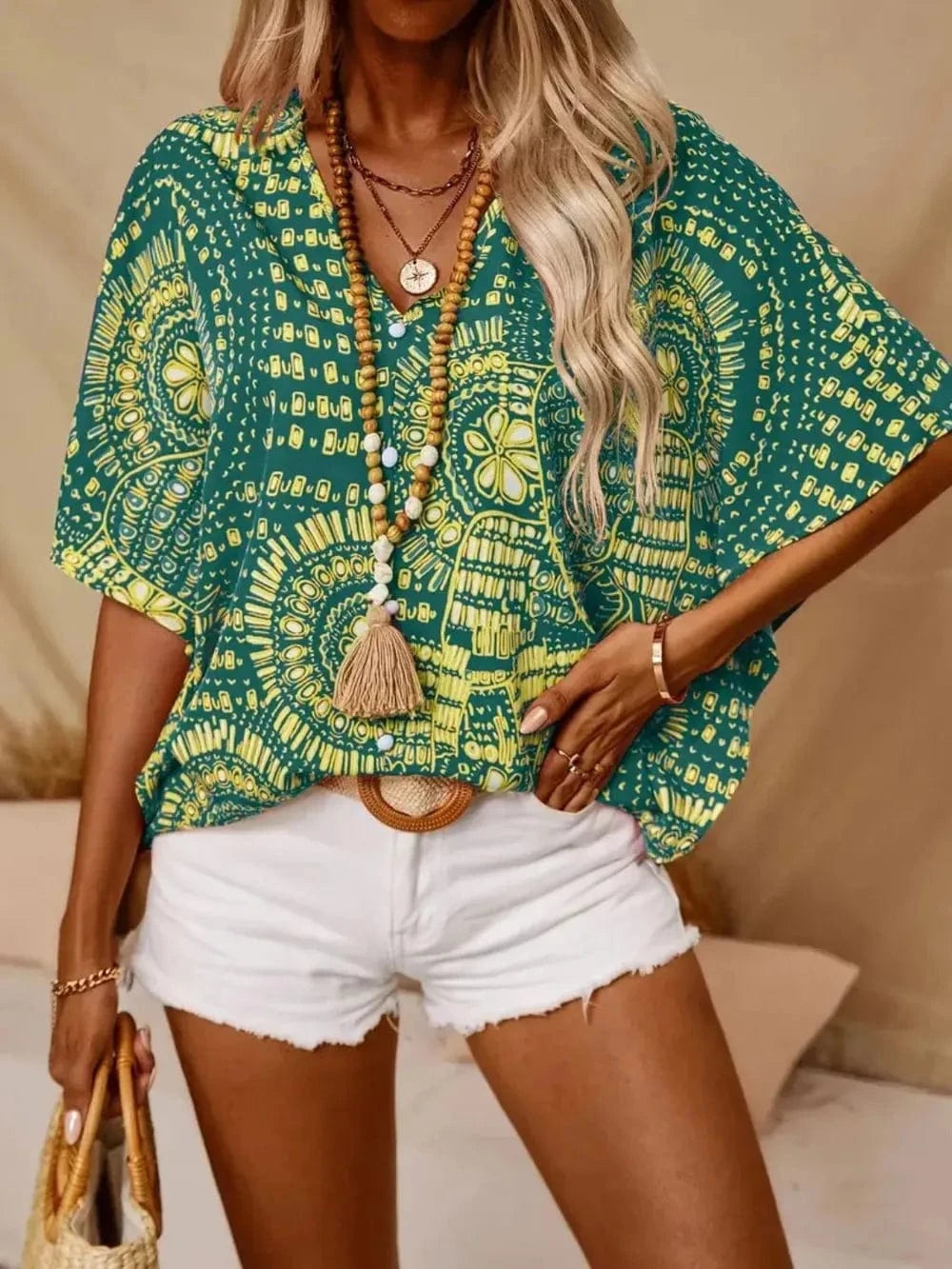 Printed V - Neck Half Sleeve Top - ShalayeFashion