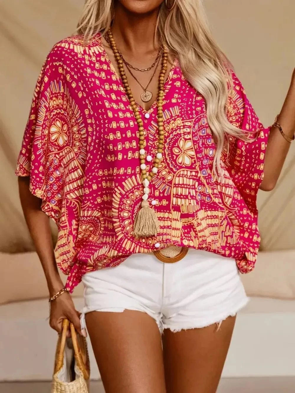 Printed V - Neck Half Sleeve Top - ShalayeFashion