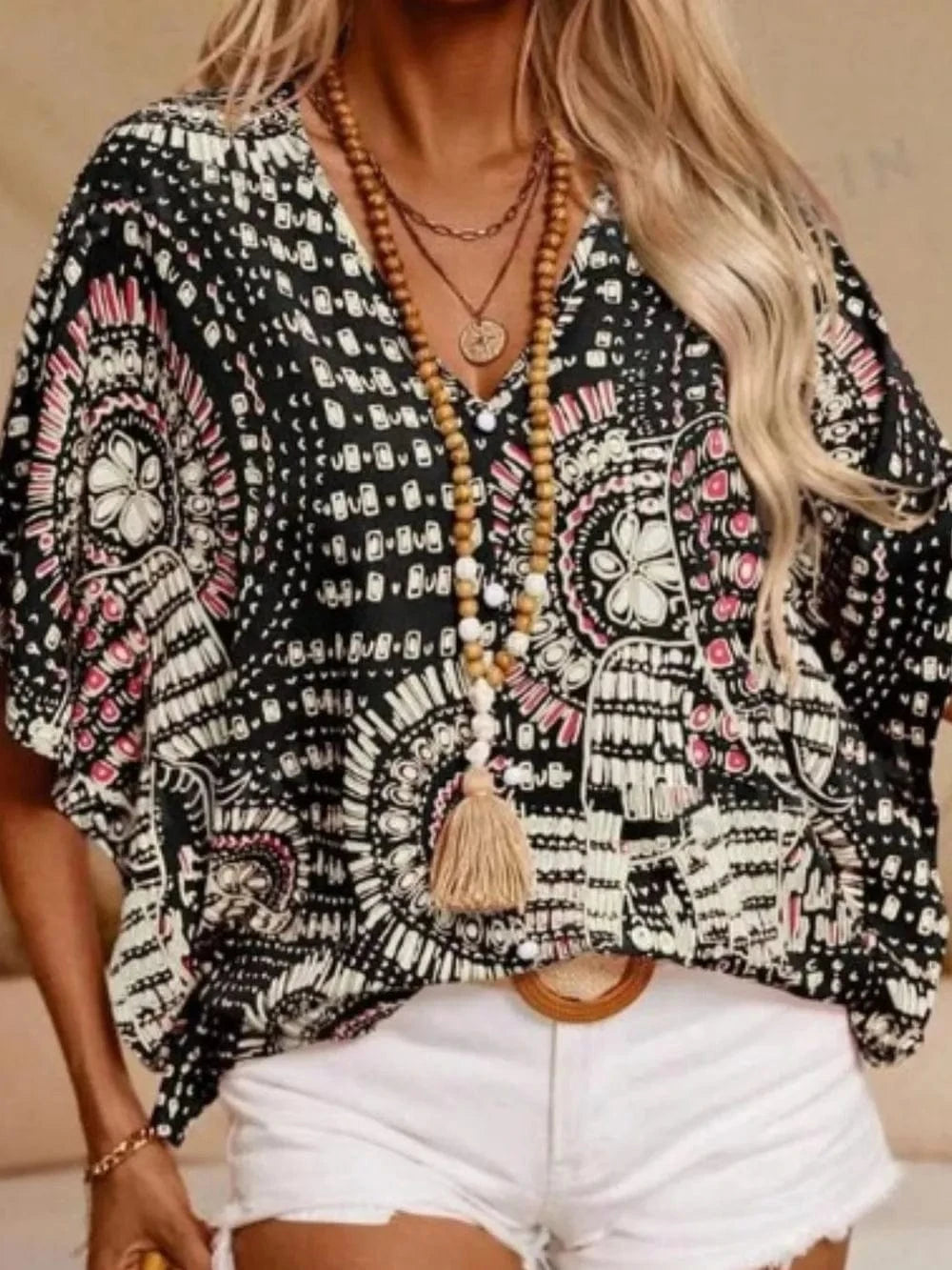 Printed V - Neck Half Sleeve Top - ShalayeFashion